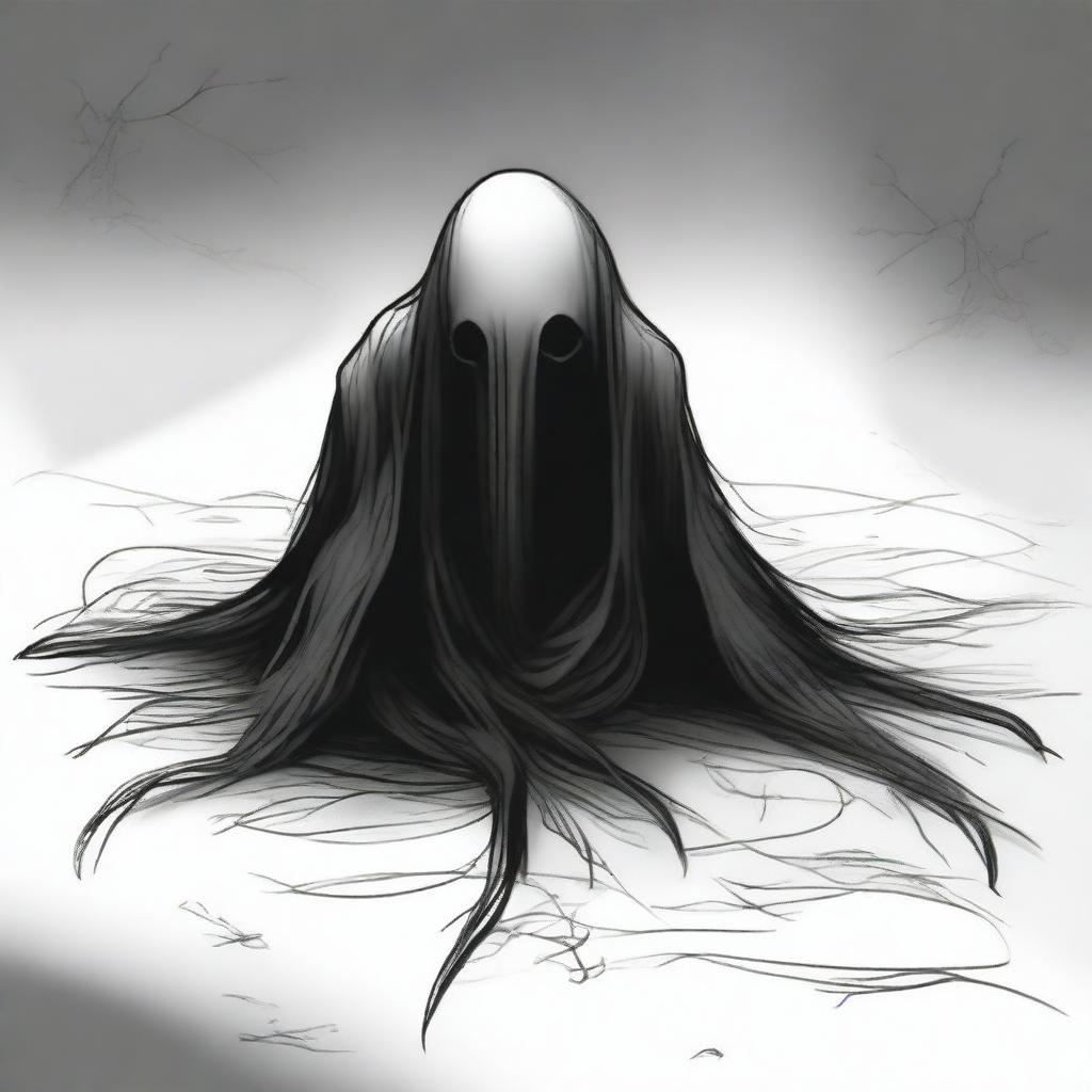 A dark sketch illustration of a non-descript creature crawling on the ground in a twisted form with no face, lurking in the dark shadows