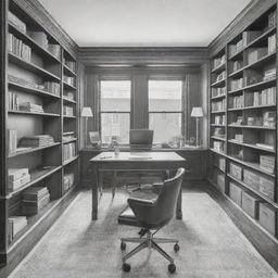 An intricately drawn office space featuring a large polished desk, ergonomic chair, wall of bookshelves, and modern technology