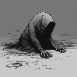 A dark sketch illustration of a non-descript creature crawling on the ground in a twisted form with no face, lurking in the dark shadows