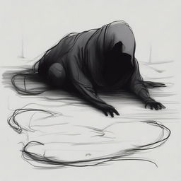 A dark sketch illustration of a non-descript creature crawling on the ground in a twisted form with no face, lurking in the dark shadows