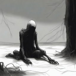 A dark sketch illustration of a vaguely humanoid creature crawling on the ground in a twisted form with no face, lurking in the dark shadows