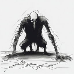 A dark sketch illustration of a vaguely humanoid creature crawling on the ground in a twisted form with no face, lurking in the dark shadows