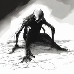 A dark sketch illustration of a vaguely humanoid creature crawling on the ground in a twisted form with no face, lurking in the dark shadows