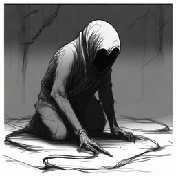 A dark sketch illustration of a vaguely humanoid creature crawling on the ground in a twisted form with no face, lurking in the dark shadows