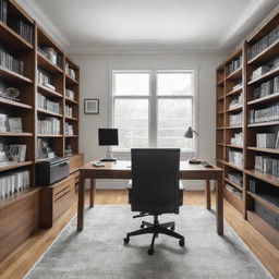 An intricately drawn office space featuring a large polished desk, ergonomic chair, wall of bookshelves, and modern technology