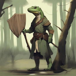 A lizardfolk character wearing simple, rustic clothes, holding a wooden shield in one hand and a quarterstaff in the other