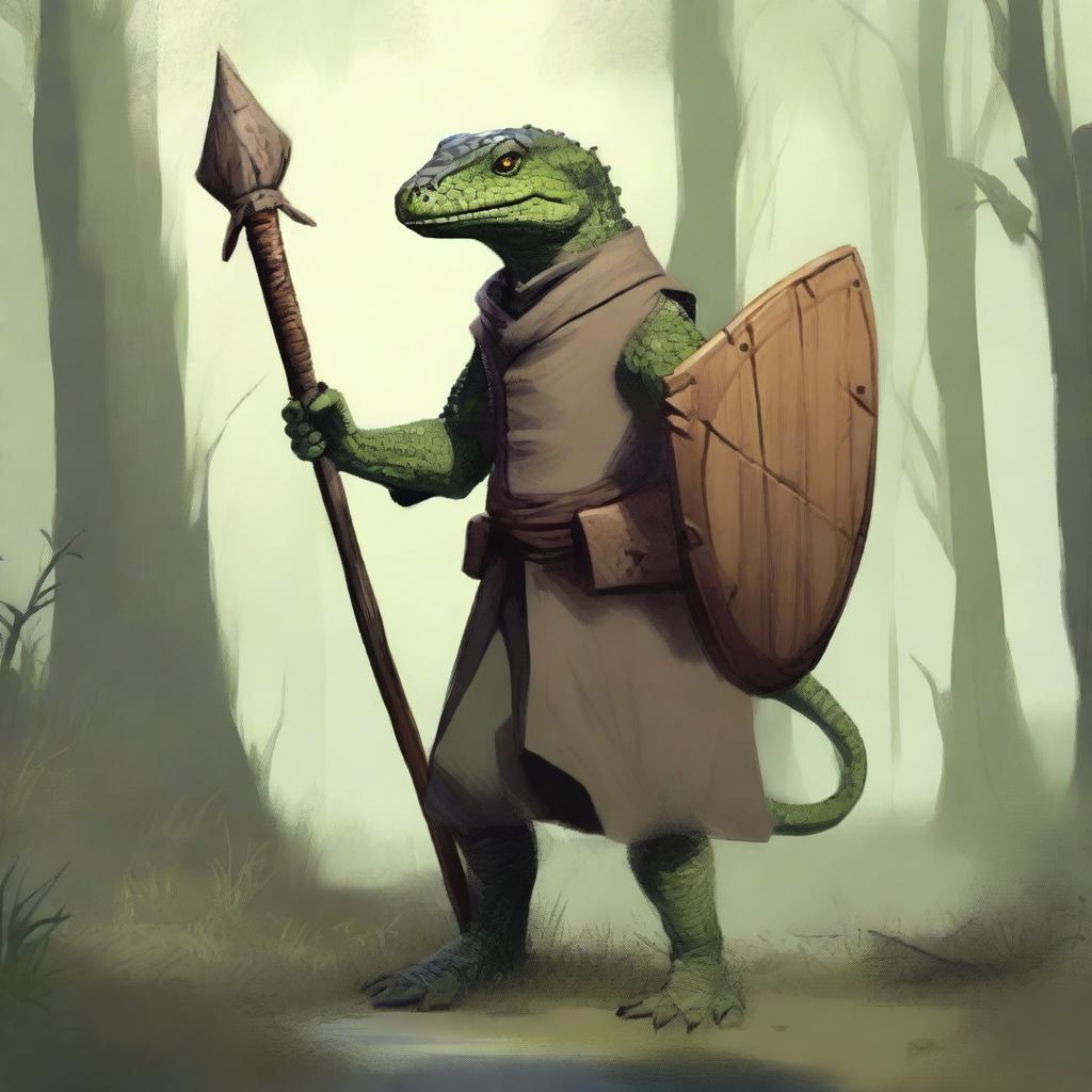 A lizardfolk character wearing simple, rustic clothes, holding a wooden shield in one hand and a quarterstaff in the other