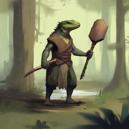 A lizardfolk character wearing simple, rustic clothes, holding a wooden shield in one hand and a quarterstaff in the other