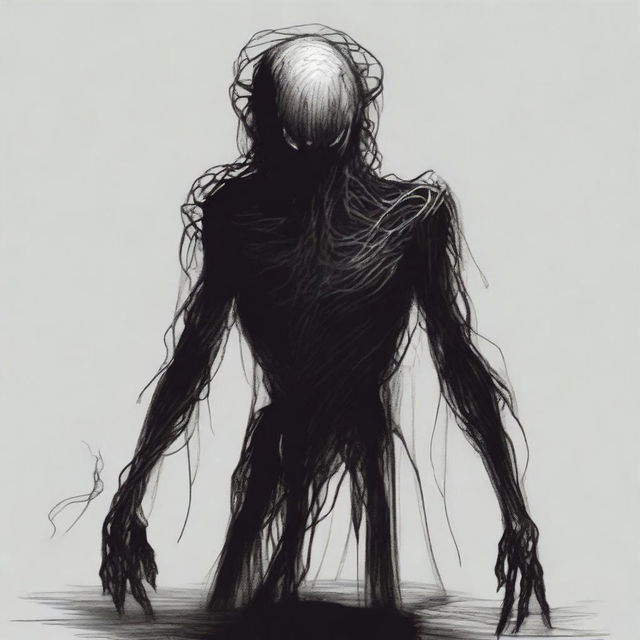 A dark sketch illustration of a vaguely humanoid creature in a twisted form with no face, lurking in the dark shadows