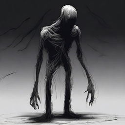 A dark sketch illustration of a vaguely humanoid creature in a twisted form with no face, lurking in the dark shadows