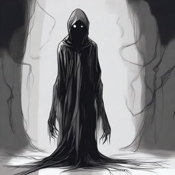 A dark sketch illustration of a vaguely humanoid creature in a twisted form with no face, lurking in the dark shadows