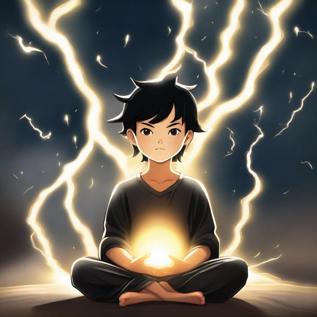 A young boy with black hair is meditating