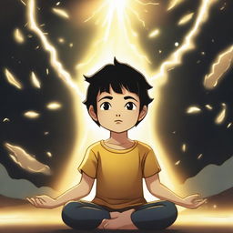 A young boy with black hair is meditating