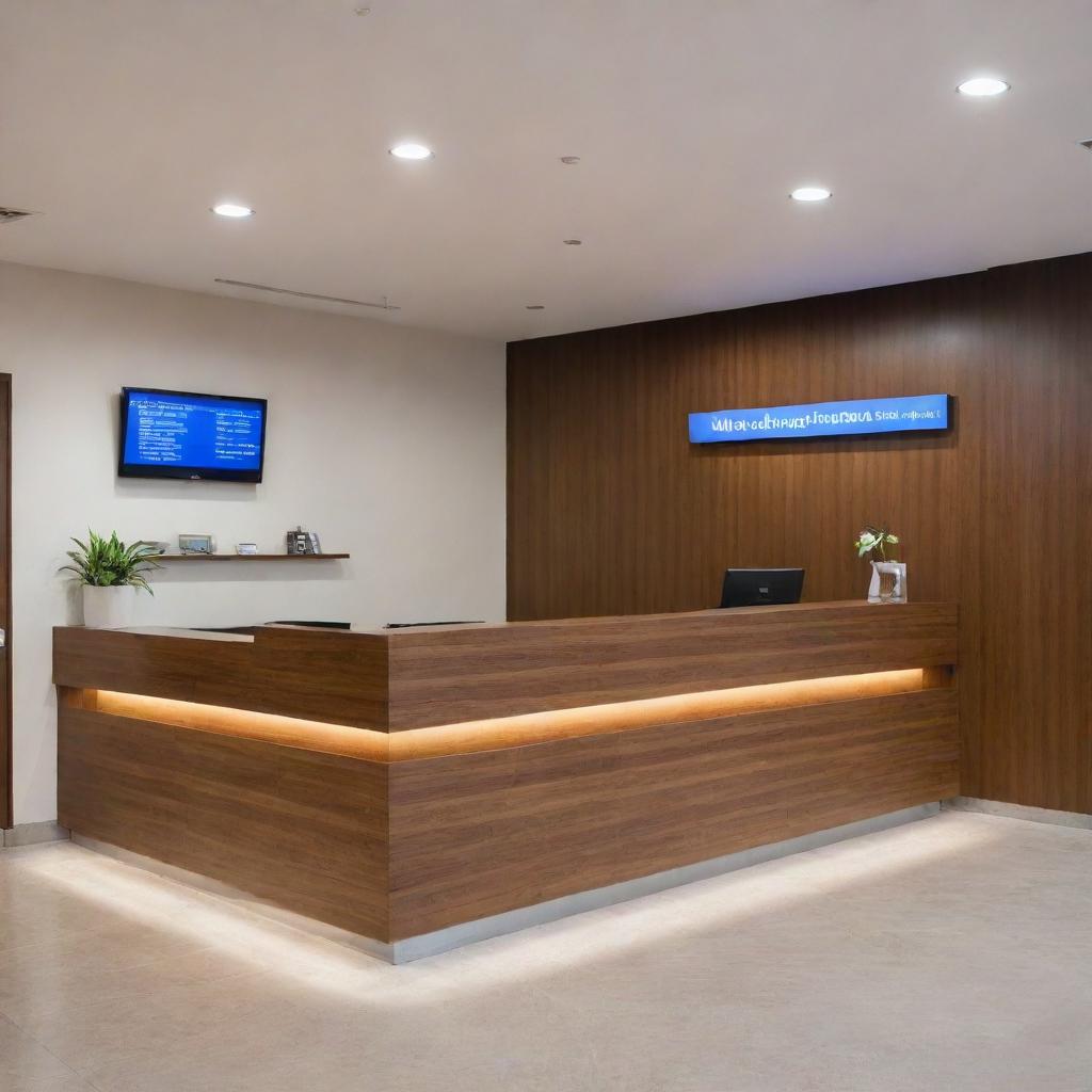 A modern reception area of a Venezuelan bank, featuring sleek wood desks, branded signage, a queue system, and warm lighting.