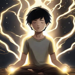 A young boy with black hair is meditating