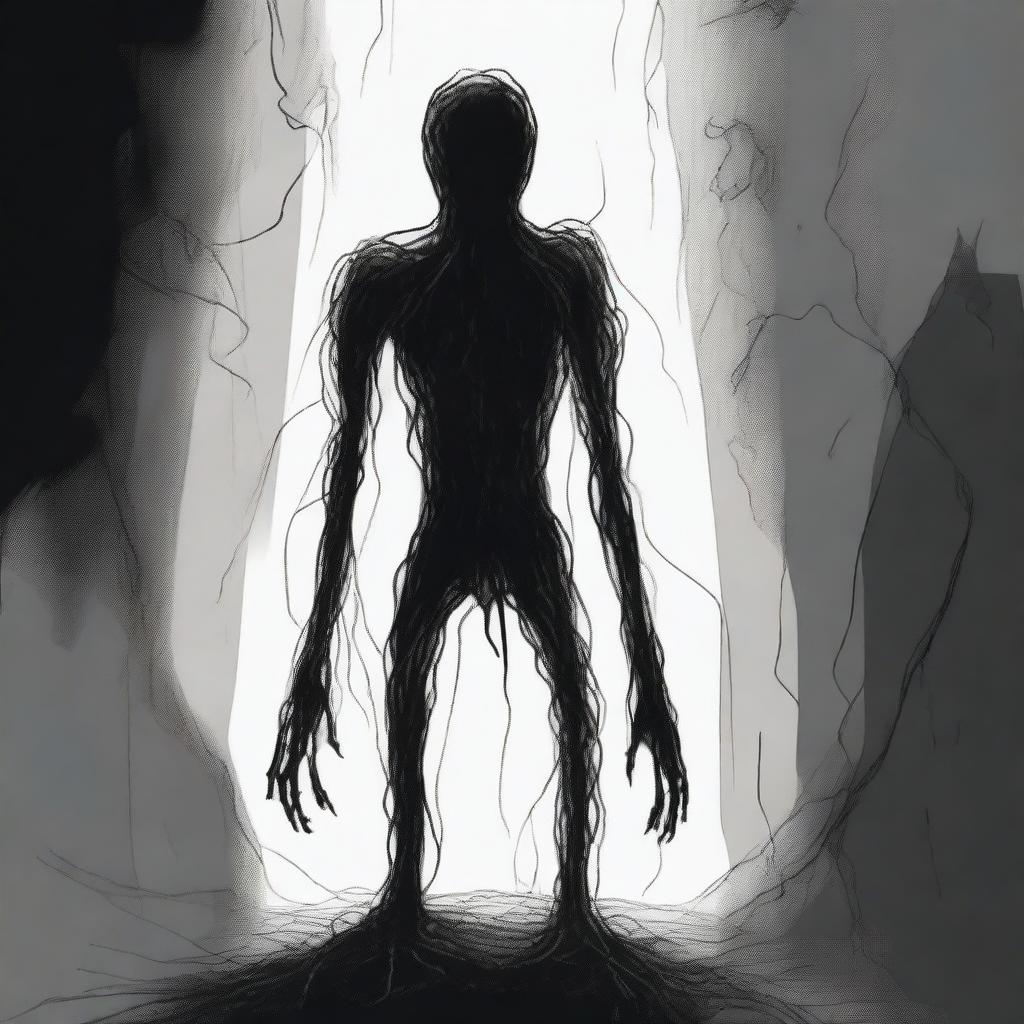 A dark sketch illustration of a vaguely humanoid creature in a twisted form with no face, lurking in the dark shadows of space