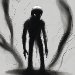 A dark sketch illustration of a vaguely humanoid creature in a twisted form with no face, lurking in the dark shadows of space