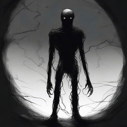 A dark sketch illustration of a vaguely humanoid creature in a twisted form with no face, lurking in the dark shadows of space