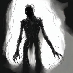 A dark sketch illustration of a vaguely humanoid creature in a twisted form with no face, lurking in the dark shadows of space