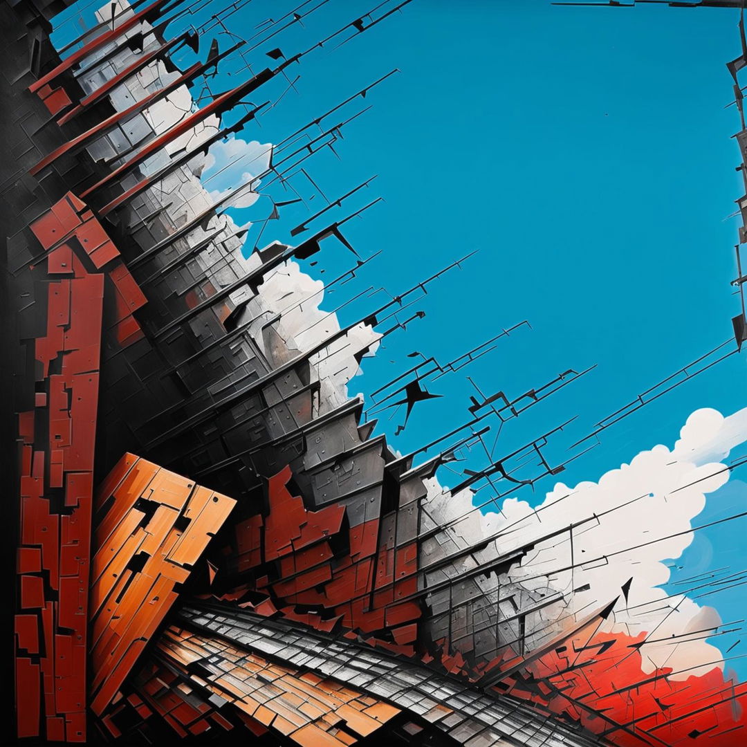 An abstract depiction of the collapse of the Communist Iron Curtain against clear blue skies