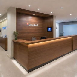 A modern reception area of a Venezuelan bank, featuring sleek wood desks, branded signage, a queue system, and warm lighting.