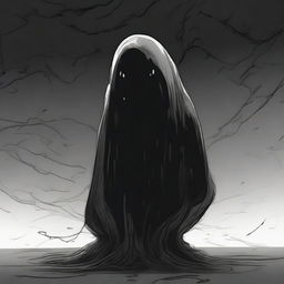 A dark sketch illustration of a vaguely blob-like creature in a twisted form with no face, lurking in the dark shadows of space