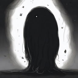 A dark sketch illustration of a vaguely blob-like creature in a twisted form with no face, lurking in the dark shadows of space