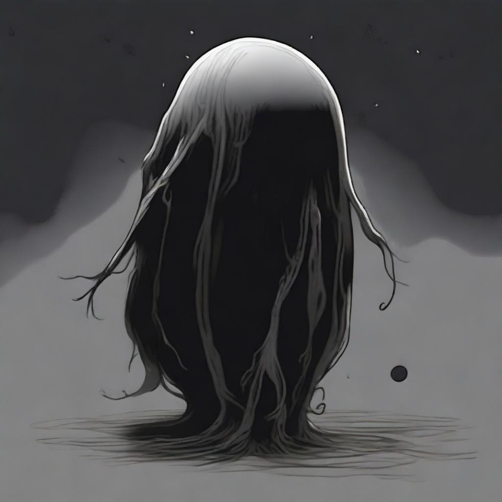 A dark sketch illustration of a vaguely blob-like creature in a twisted form with no face, lurking in the dark shadows of space