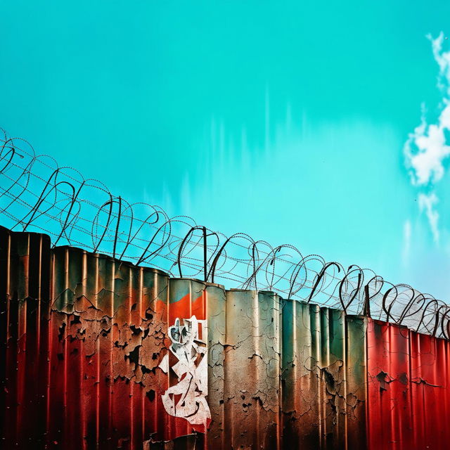 An abstract depiction of the Communist Iron Curtain collapsing and crumbling against a backdrop of bright blue skies