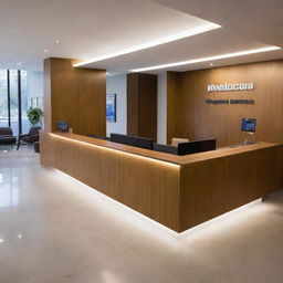 A modern reception area of a Venezuelan bank, featuring sleek wood desks, branded signage, a queue system, and warm lighting.