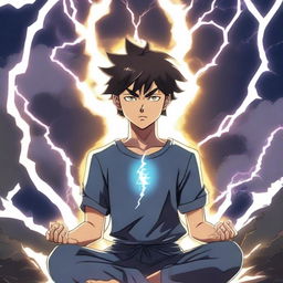 An anime-style young man is meditating