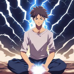 An anime-style young man is meditating