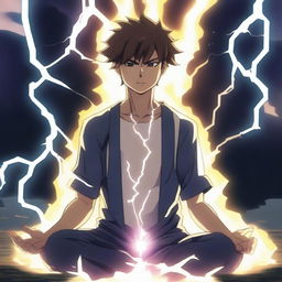 An anime-style young man is meditating