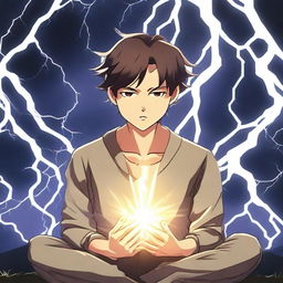 An anime-style young man is meditating