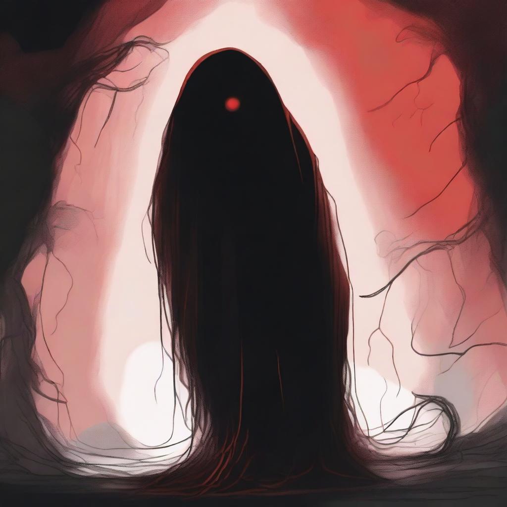 A dark sketch illustration of a vaguely blob-like creature with no face, lurking in the dark shadows of space