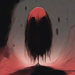 A dark sketch illustration of a vaguely blob-like creature with no face, lurking in the dark shadows of space