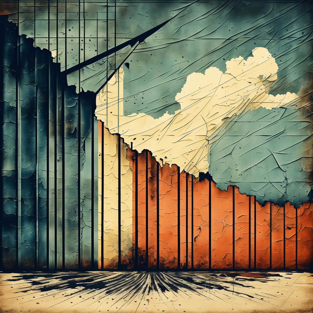 An abstract, vintage-style image of the Communist Iron Curtain collapsing, with crumbling pieces revealing a slither of blue sky, using muted colors to evoke historical significance and symbolize hope