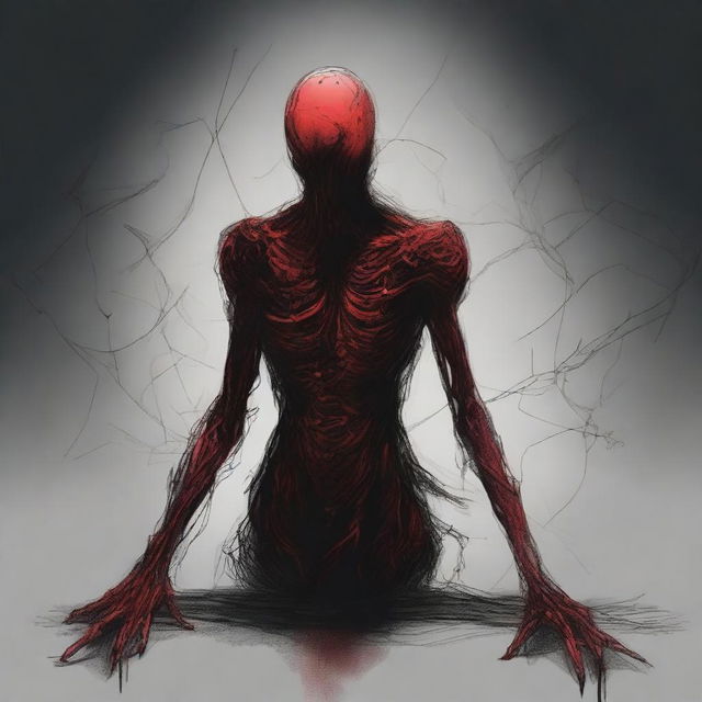 A dark sketch illustration of a vaguely humanoid creature in a twisted form with no face, lurking in the dark shadows of space