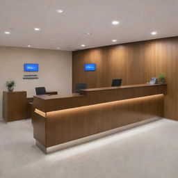 A modern reception area of a Venezuelan bank, featuring sleek wood desks, branded signage, a queue system, and warm lighting.