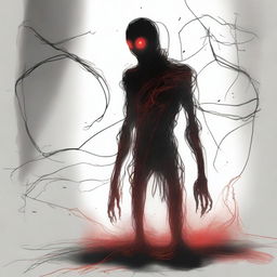 A dark sketch illustration of a vaguely humanoid creature in a twisted form with no face, lurking in the dark shadows of space