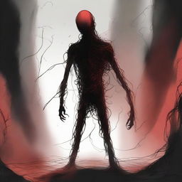 A dark sketch illustration of a vaguely humanoid creature in a twisted form with no face, lurking in the dark shadows of space