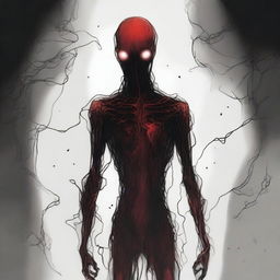 A dark sketch illustration of a vaguely humanoid creature in a twisted form with no face, lurking in the dark shadows of space