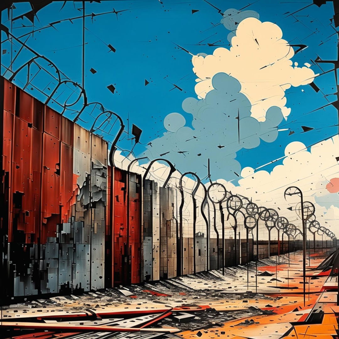 An abstract, vintage-style image of the Communist Iron Curtain collapsing and crumbling, with a patch of blue sky in the background symbolizing hope