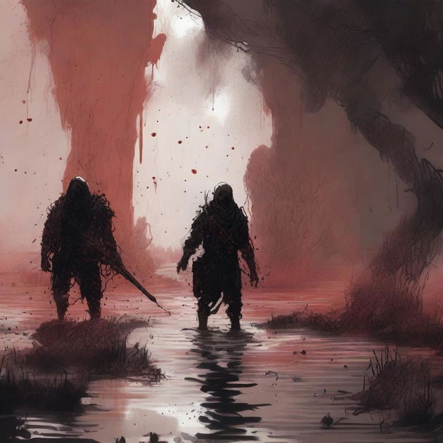 A dark sketch illustration of a flood combat form covered in flood spores, lurking in the shadows