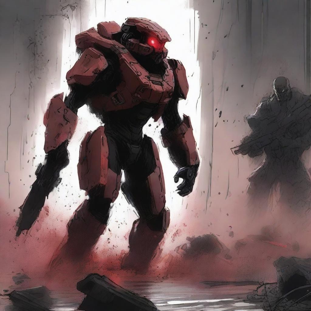 A dark sketch illustration of a flood combat form from Halo, covered in flood spores, lurking in the shadows