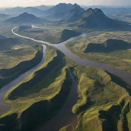 A landscape where a river takes the shape of a mountain