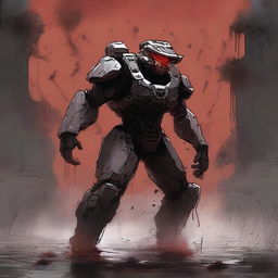 A dark sketch illustration of a flood combat form from Halo, covered in flood spores, lurking in the shadows