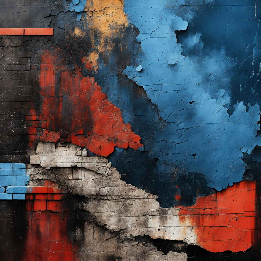 An abstract depiction of the collapse of the Communist Iron Curtain, symbolized by a vintage, crumbling wall with a patch of blue sky behind it