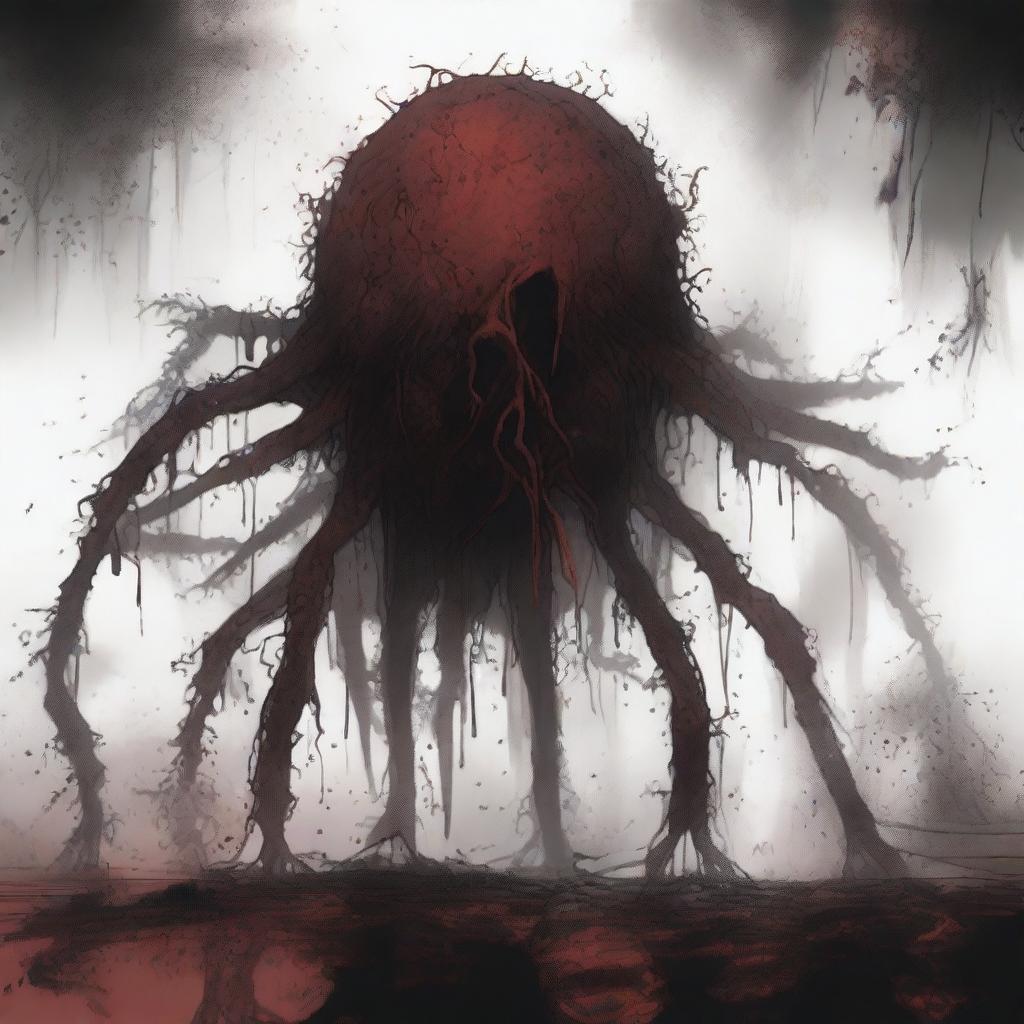 A dark sketch illustration of an abyssal creature covered in spores, lurking in the shadows