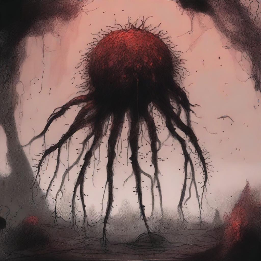 A dark sketch illustration of an abyssal creature covered in spores, lurking in the shadows